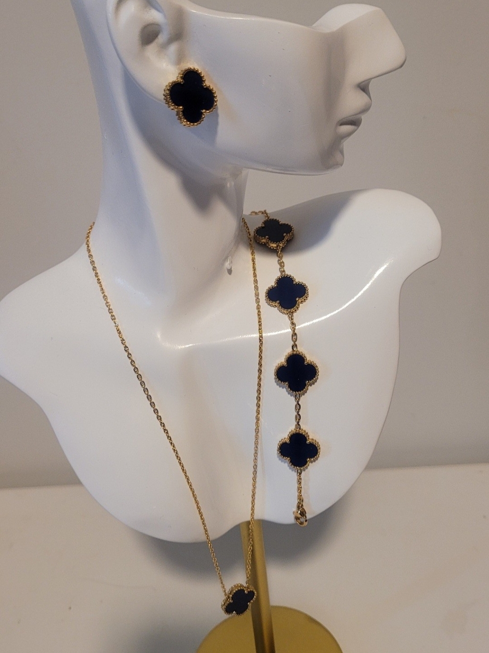 Gold-Tone Black Clover Pendant Necklace and Bracelet Set